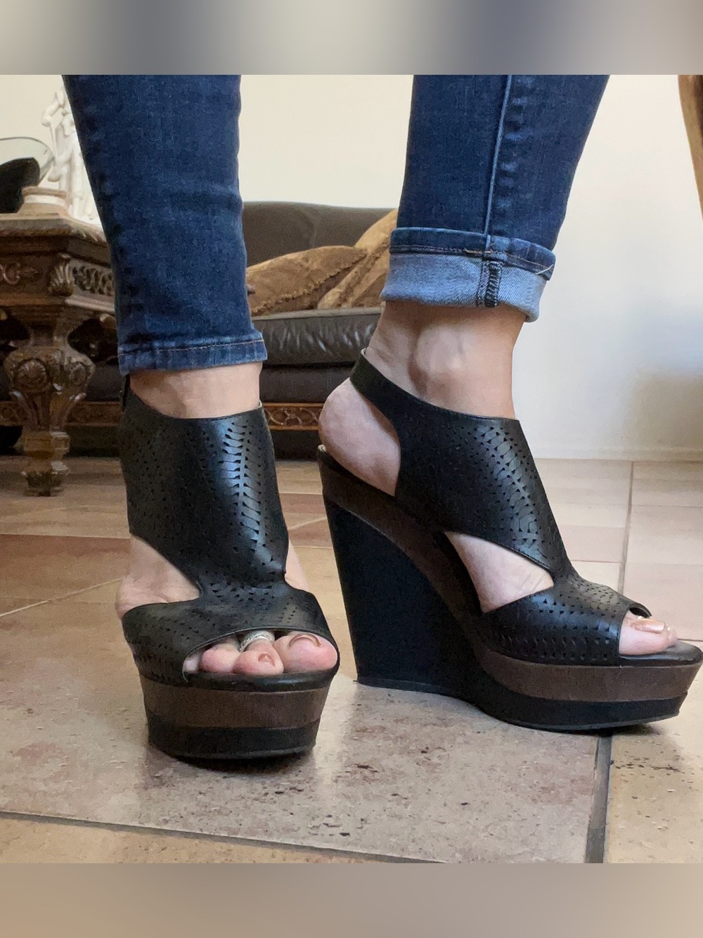 Gianni Bini Black Perforated Leather Wedge Sandals